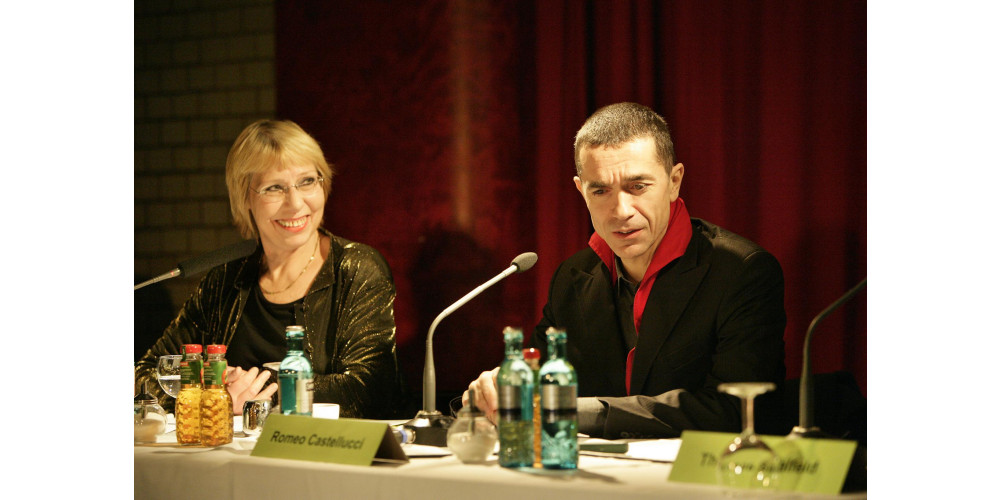 Ann-Elisabeth Wolff, Festivaldirektorin euro-scene Leipzig  Romeo Castellucci, Regisseur und Leiter der Socìetas Raffaello Sanzio, Cesena