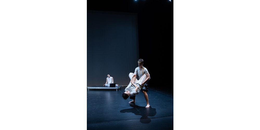 Eine Person steht aufrecht und trägt eine weitere mit dem Kopf diagonal nach unten. Im Hintergrund sitzt eine dritte Person auf einem Podest und beobachtet die anderen mit schräg gelegtem Kopf. Blau-, Grau-, Weiß- und Schwarztöne prägen das Bild.